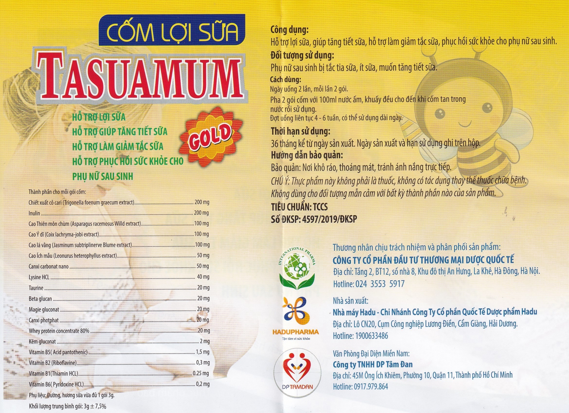 Hình ảnh Cốm Lợi Sữa Tasuamum Hadu Pharma hỗ trợ lợi sữa, giúp tăng tiết sữa (20 túi)