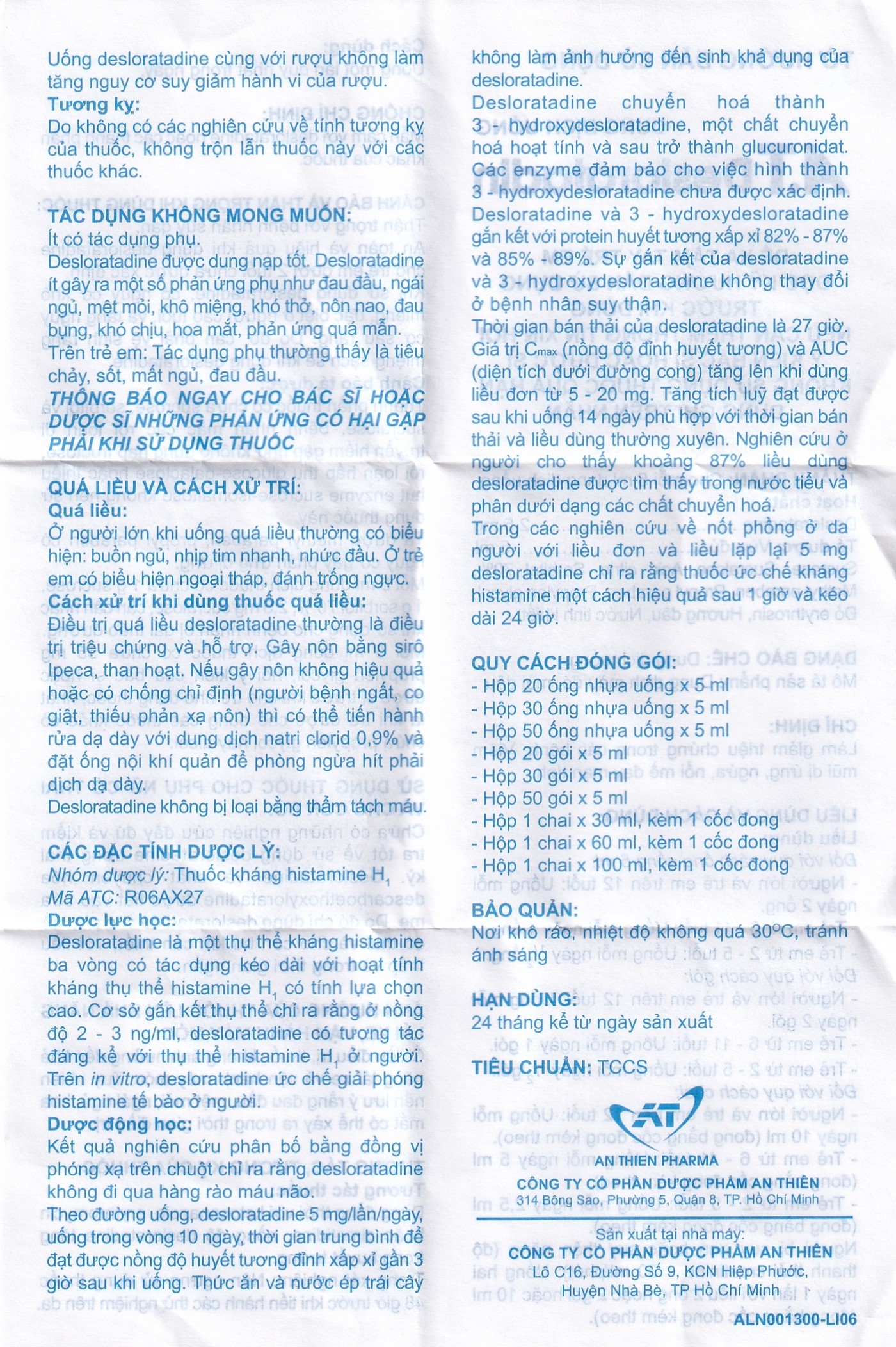 Hình ảnh Dung dịch uống A.T Desloratadin 2.5mg An Thiên giảm viêm mũi dị ứng, nổi mày đay mạn tính (30 ống x 5ml)
