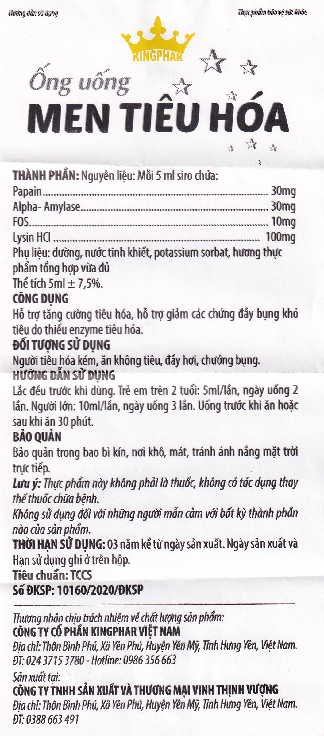 Hình ảnh Ống uống Men Tiêu Hóa Kingphar hỗ trợ giảm đầy bụng, ợ hơi, khó tiêu (10 ống x 5ml)