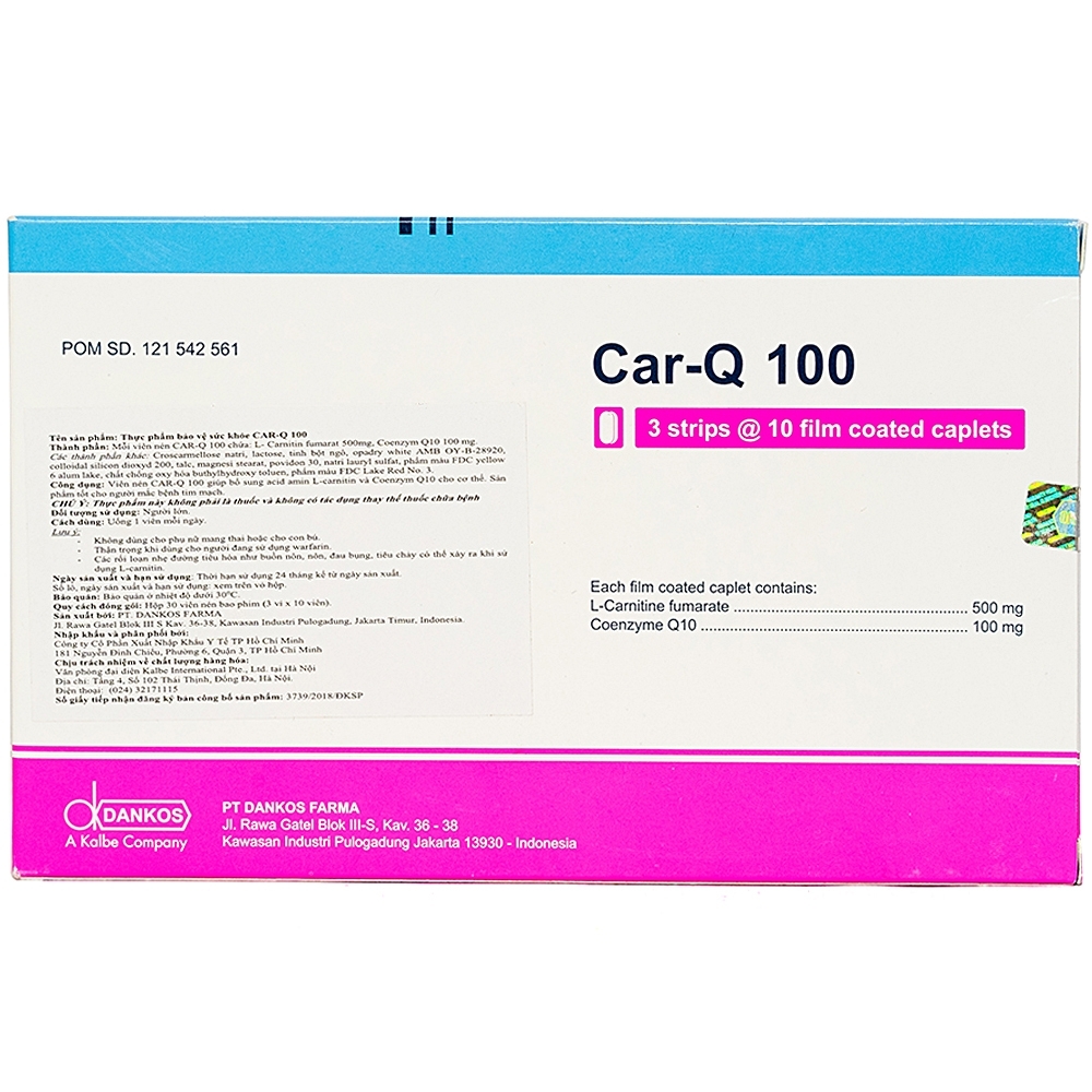 Hình ảnh Viên uống Car-Q 100 Dankos bổ sung acid amin L-carnitin và Coenzym Q10 cho cơ thể (3 vỉ x 10 viên)