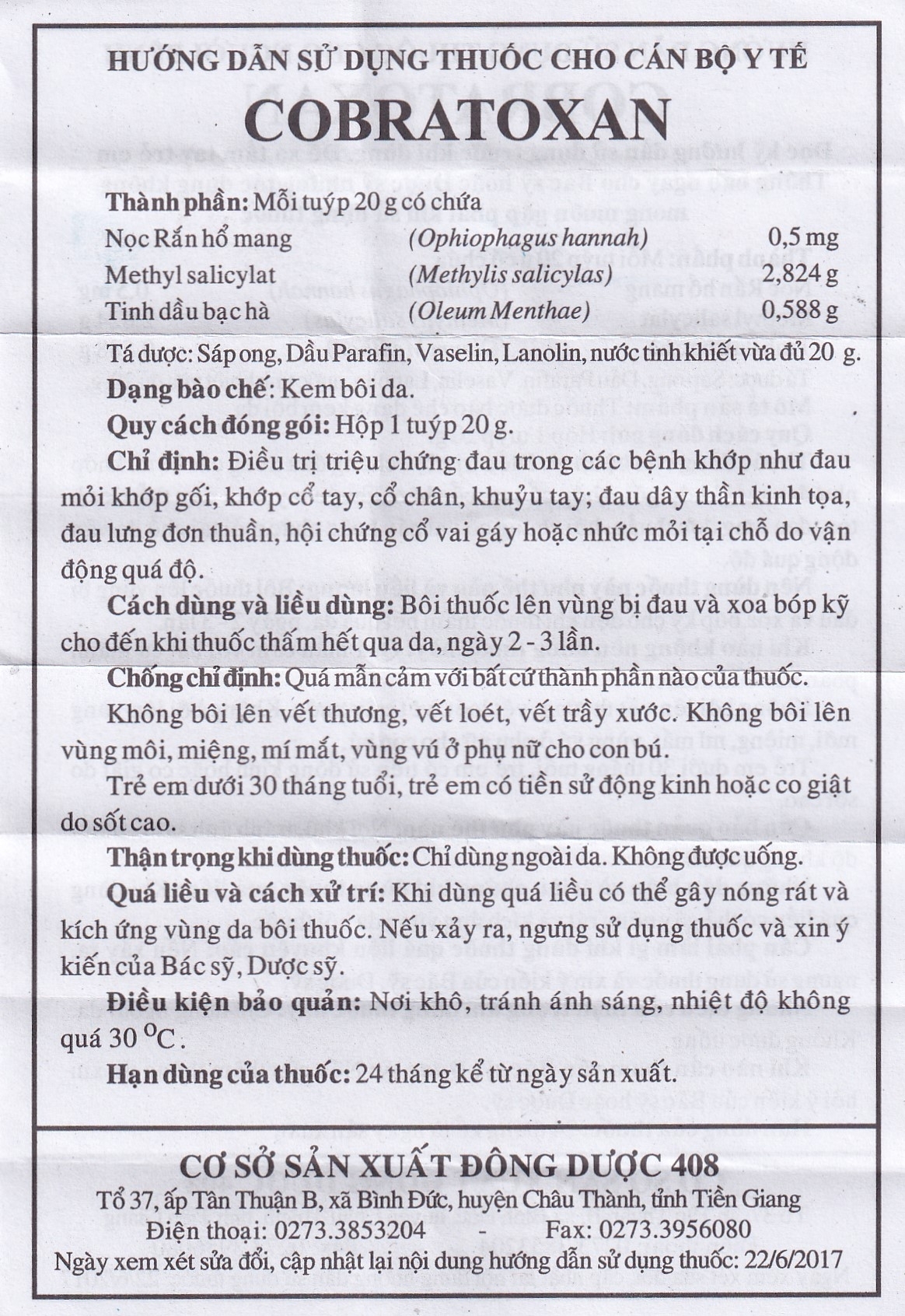 Hình ảnh Kem xoa nọc rắn Cobratoxan 20g Cửu Long tác dụng điều trị đau xương khớp (10 tuýp)