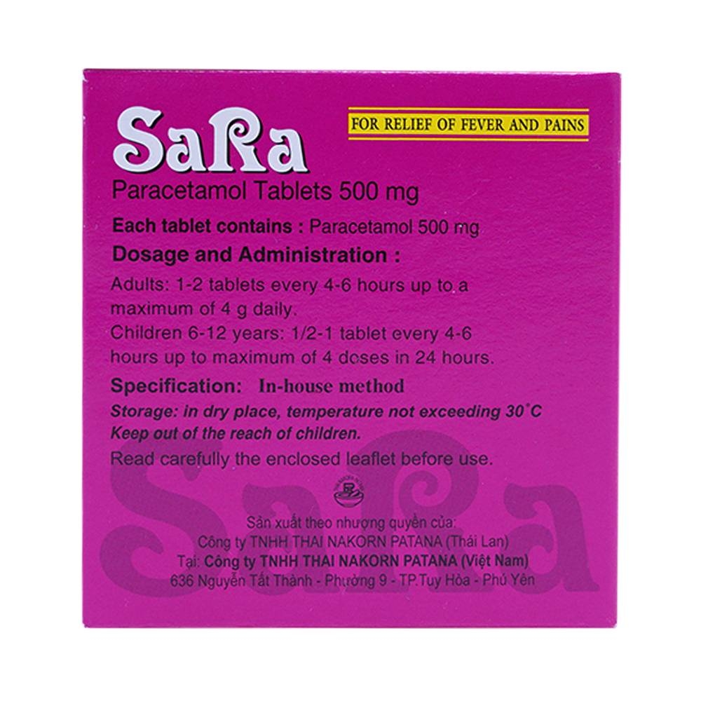 Hình ảnh Thuốc Sara 500mg Nakorn giúp giảm đau hạ sốt (25 vỉ x 4 viên)