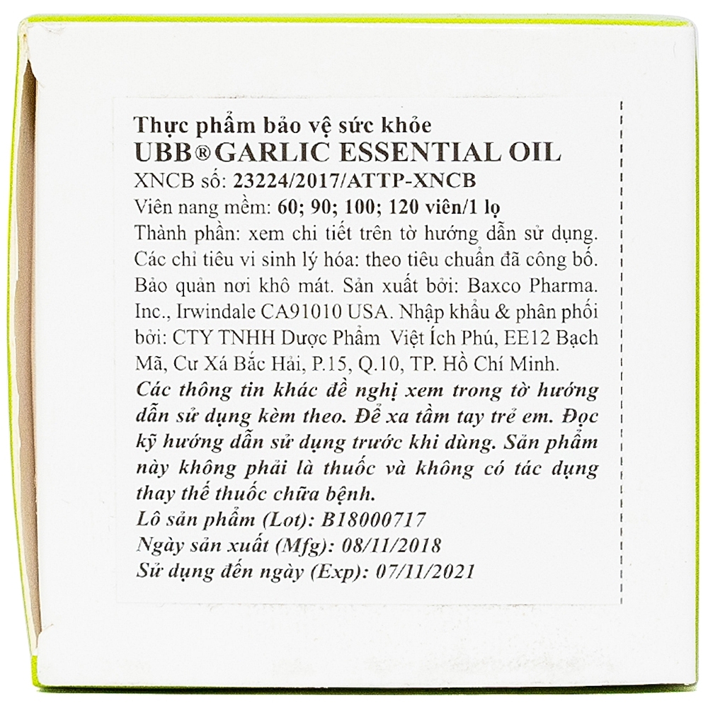 Hình ảnh Viên tinh dầu tỏi Garlic Essential Oil UBB hỗ trợ ngừa cảm cúm, ăn không tiêu (100 viên)