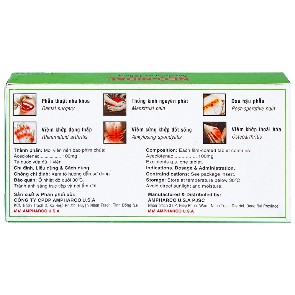Hình ảnh Viên nén Neo-Nidal 100mg Ampharco điều trị đau sau chấn thương, phẫu thuật (3 vỉ x 10 viên) 