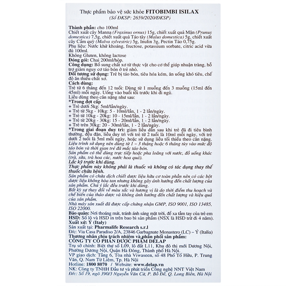 Hình ảnh Siro Fitobimbi Isilax Concentrato Fluido Pharmalife nhuận tràng, hỗ trợ giảm táo bón cho trẻ (200ml)