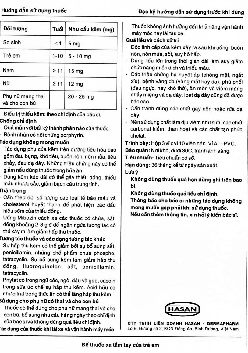 Hình ảnh Viên nén Mibezin 15mg Hasan điều trị tiêu chảy, bổ sung kẽm (3 vỉ x 10 viên)