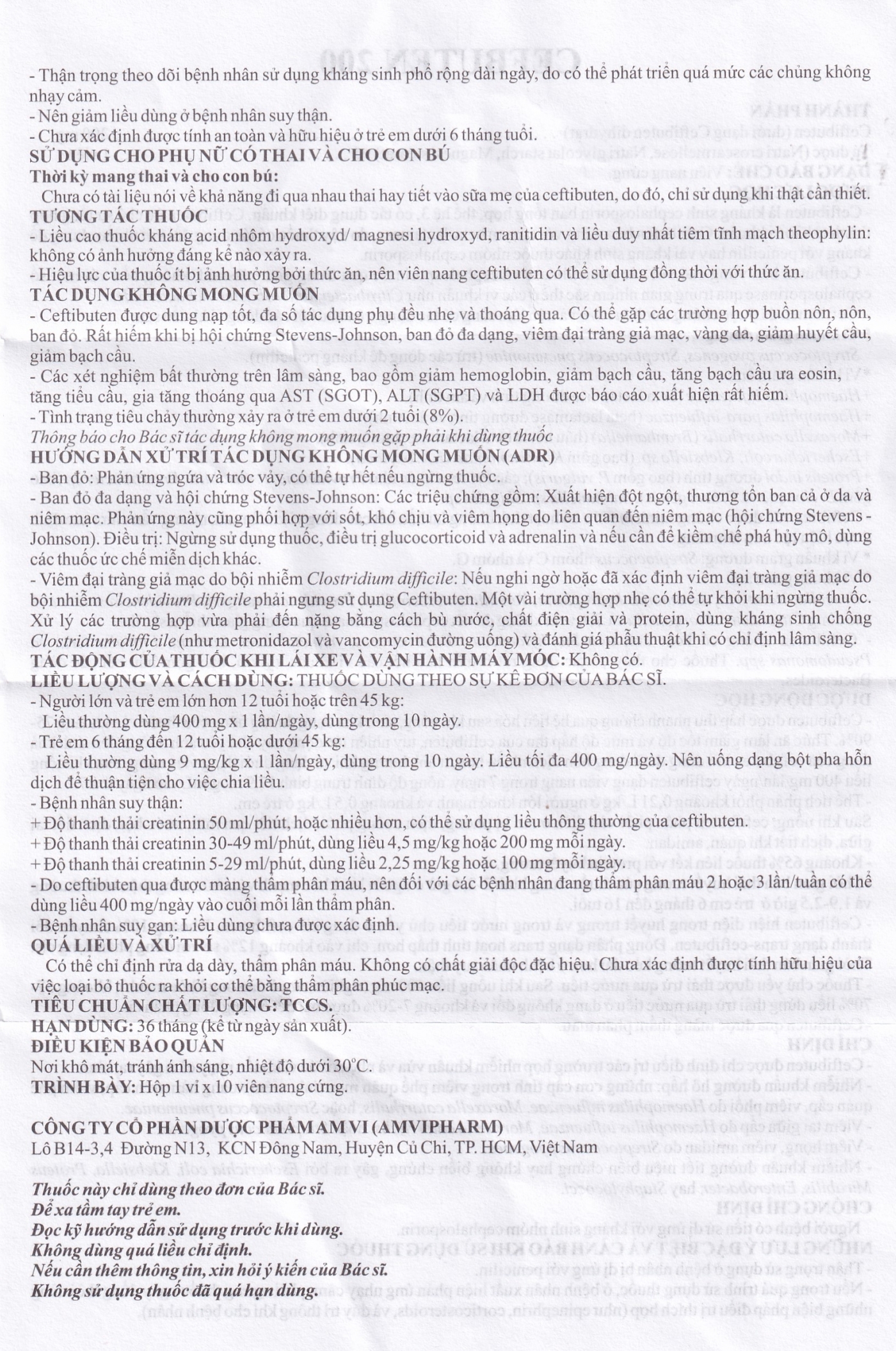 Hình ảnh Thuốc Cefbuten 200mg Amvi điều trị nhiễm khuẩn (1 vỉ x 10 viên)