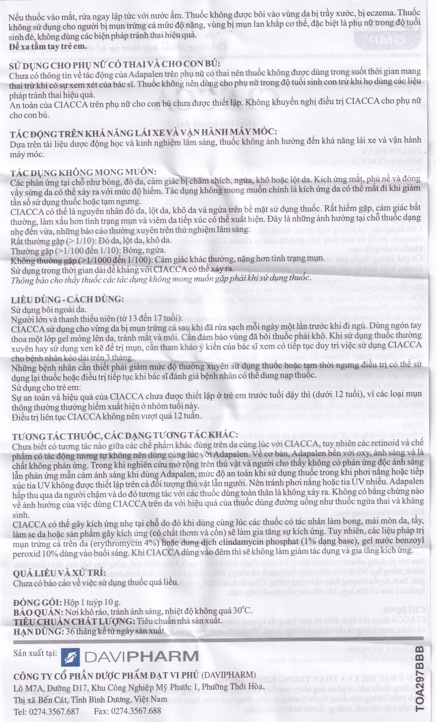 Hình ảnh Gel bôi ngoài da Ciacca Davipharm điều trị tình trạng da bị mụn trứng cá nhẹ đến vừa (10g)