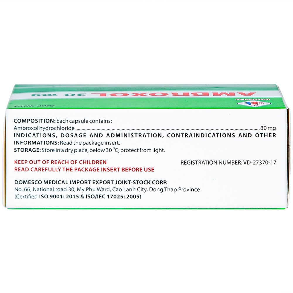 Hình ảnh Thuốc Ambroxol 30mg Domesco điều trị viêm phế quản, hen phế quản (10 vỉ x 10 viên)