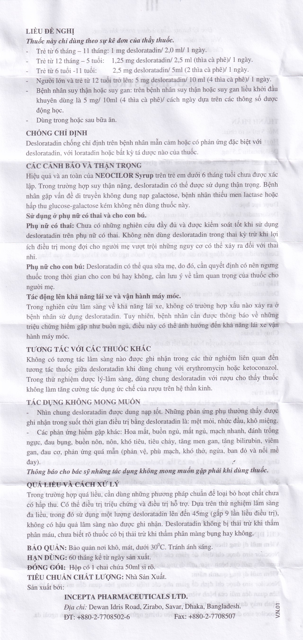 Hình ảnh Siro Neocilor Incepta điều trị viêm mũi dị ứng, mày đay (50ml)