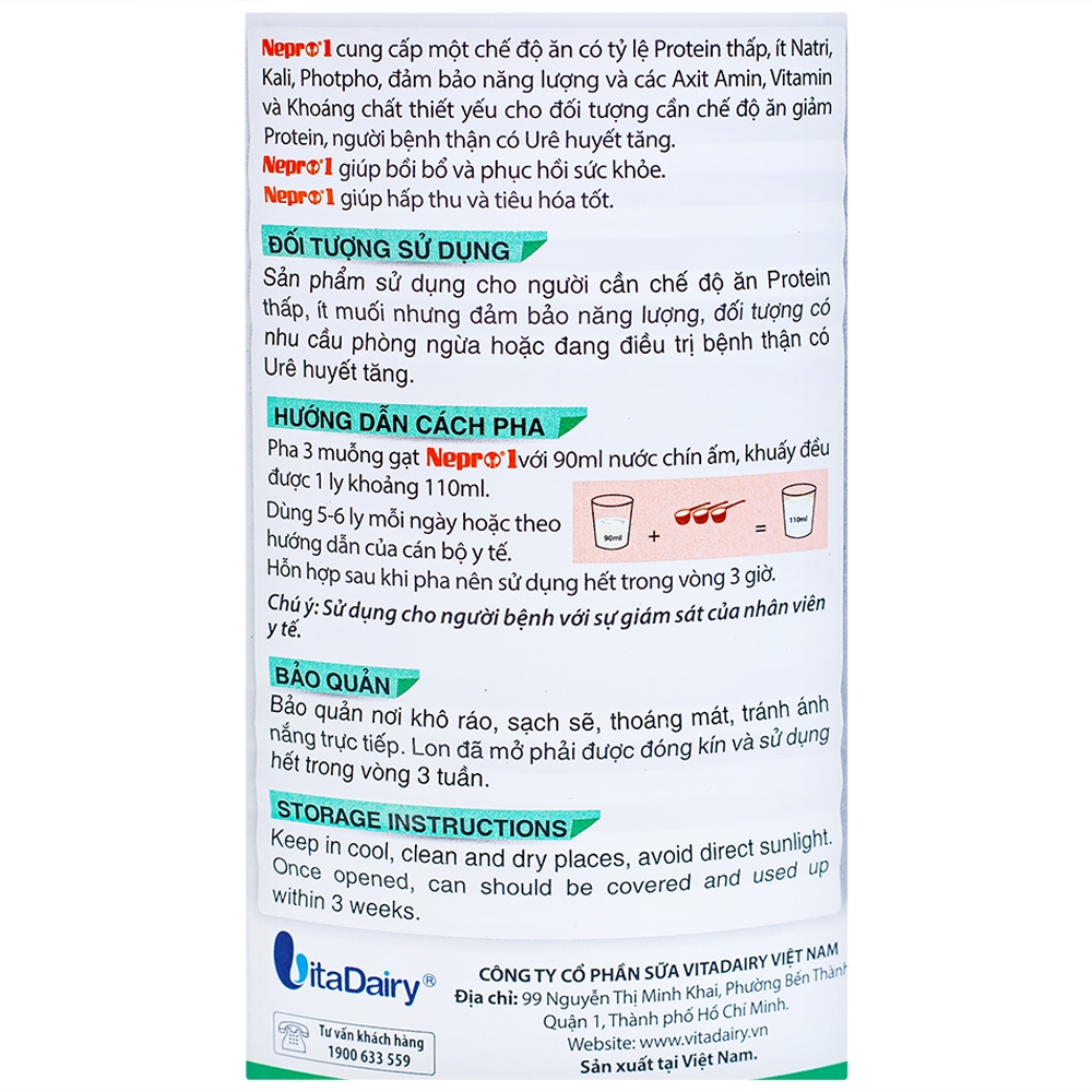 Hình ảnh Sữa bột Nepro 1 VitaDairy bổ sung dinh dưỡng giảm protein dành cho người bệnh thận (400g)