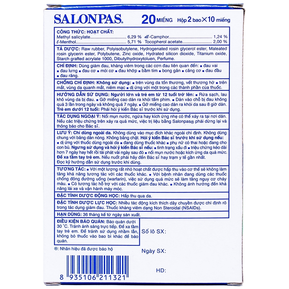Hình ảnh Cao dán Salonpas Hisamitsu giảm đau vai, đau lưng, đau cơ (2 gói x 10 miếng)