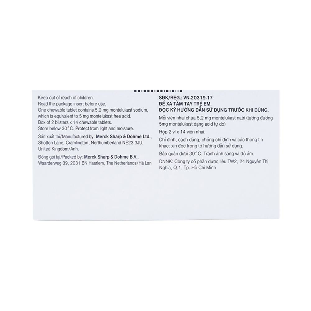 Hình ảnh Viên nhai Singulair 5mg MSD điều trị hen phế quản mạn tính (2 vỉ x 14 viên) 