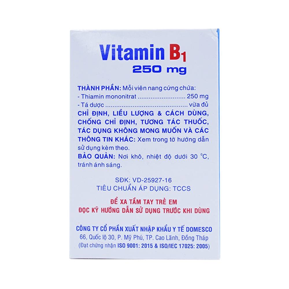 Hình ảnh Thuốc Vitamin B1 250mg Domesco điều trị bệnh do thiếu Vitamin B1 (20 vỉ x 10 viên)