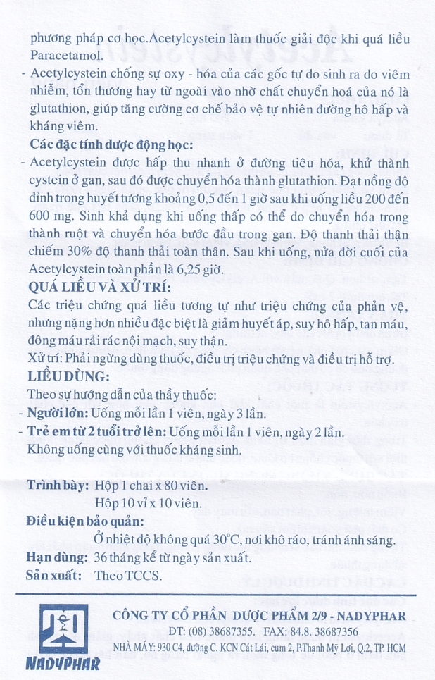 Hình ảnh Thuốc Acetylcystein 200mg Nadyphar tiêu nhầy trong bệnh viêm phế quản, bệnh nhầy nhớt (10 vỉ x 10 viên)
