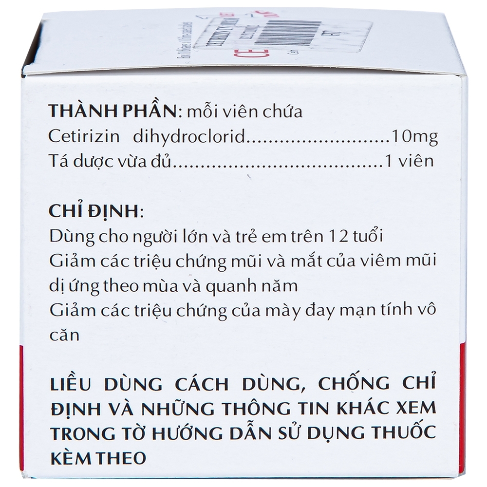 Hình ảnh Thuốc Cetirizin 10mg Thành Nam điều trị viêm mũi dị ứng, mày đay (10 vỉ x 10 viên)
