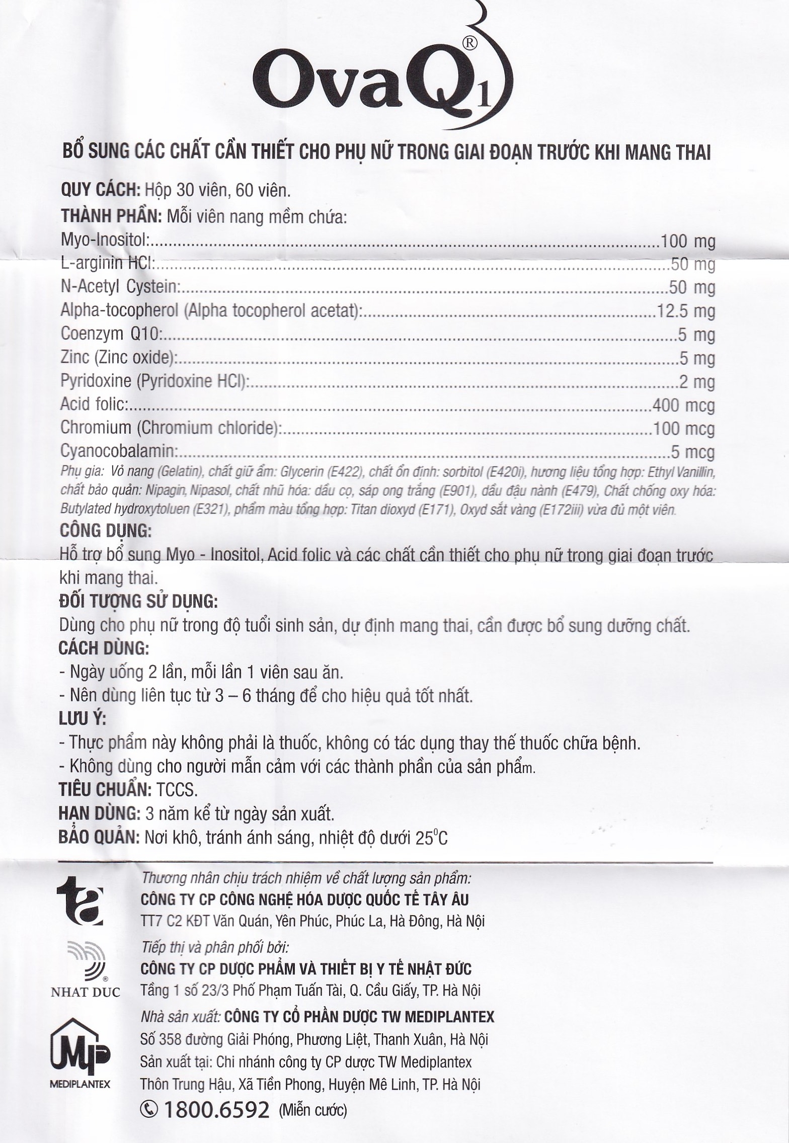 Hình ảnh Viên uống OvaQ1 hỗ trợ bổ sung Myo Inositol, Acid folic và các chất cần thiết cho phụ nữ trước khi mang thai (3 vỉ x 10 viên)