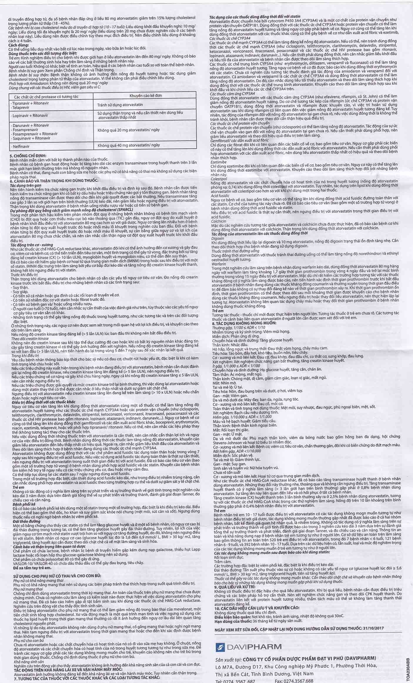 Hình ảnh Thuốc Vaslor 10 Davi Pharm giảm cholesterol và triglycerid trong máu (4 vỉ x 7 viên)