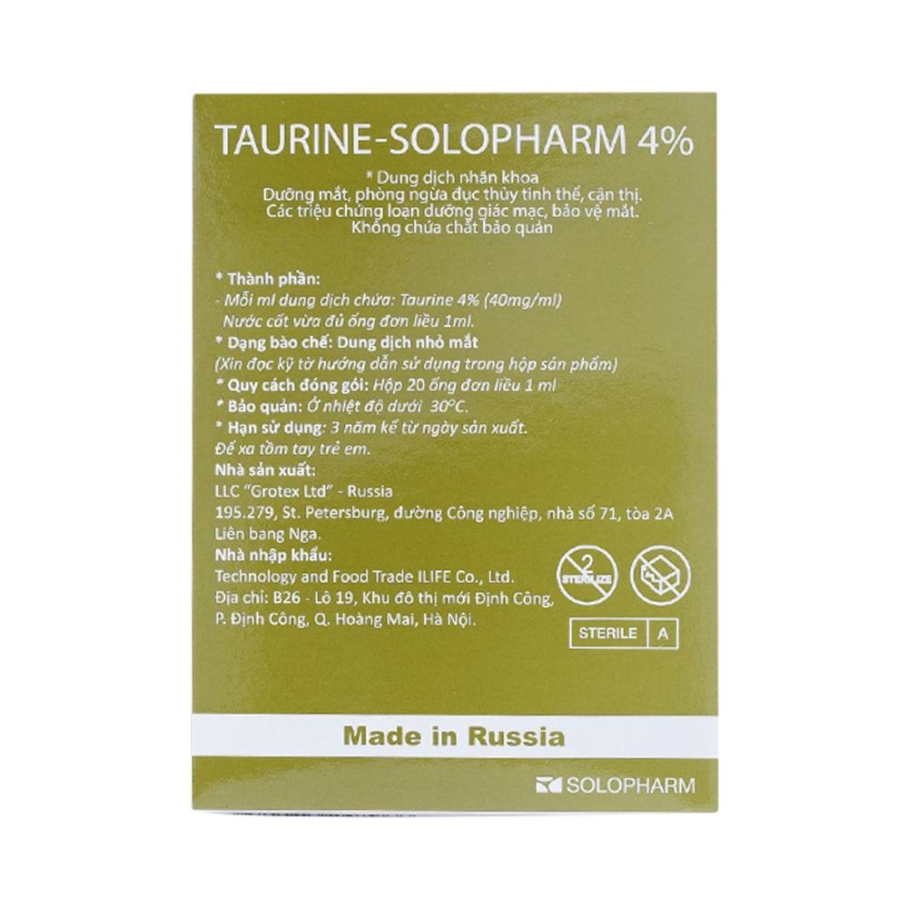 Hình ảnh Dung dịch nhãn khoa Taurine-Solopharm 4% điều trị loạn dưỡng giác mạc, viêm giác mạc (20 tuýp x 1ml) 