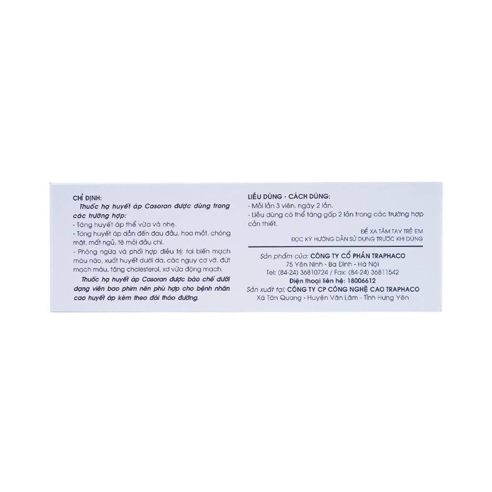 Hình ảnh Thuốc Casoran Traphaco điều trị tăng huyết áp (5 vỉ x 20 viên)
