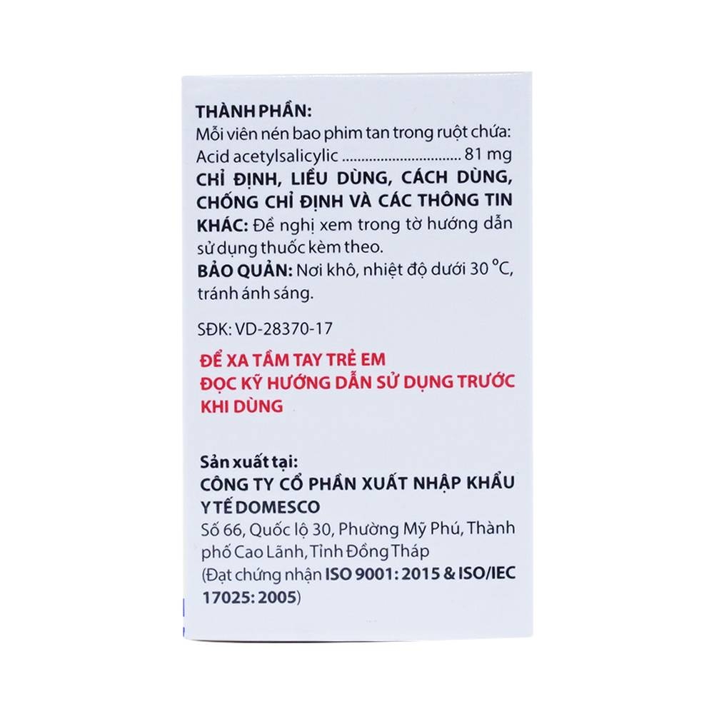 Hình ảnh Thuốc Doaspin 81mg Domesco dự phòng huyết khối tim mạch và mạch não (100 viên)