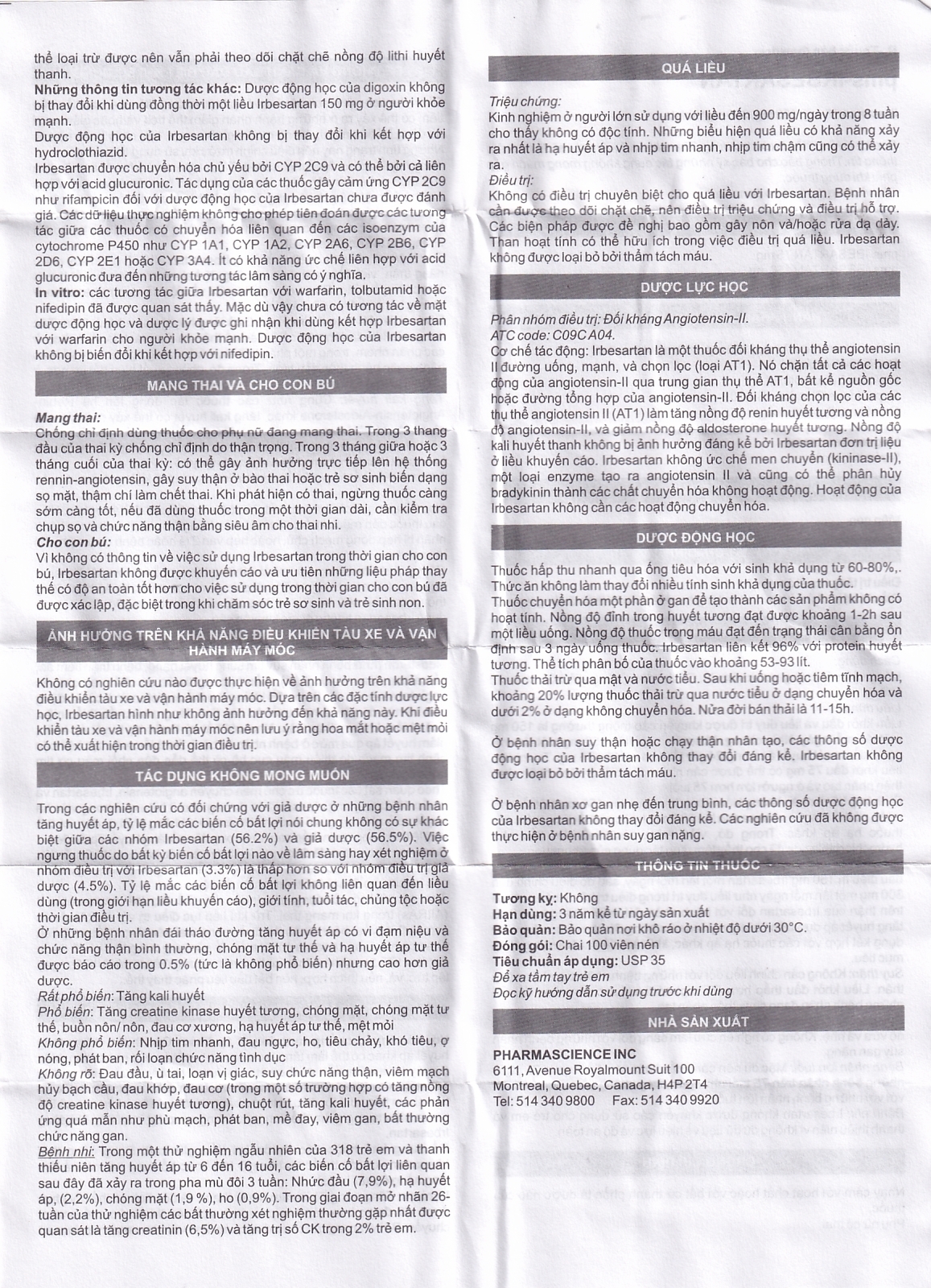 Hình ảnh Viên nén PMS-Irbesartan 75mg Pharmascience điều trị tăng huyết áp vô căn, đái tháo đường tuýp 2 (100 viên) 