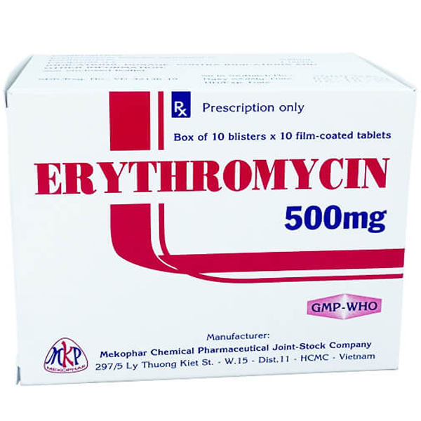 Hình ảnh Thuốc Erythromycin 500mg Mekophar điều trị nhiễm khuẩn (10 vỉ x 10 viên)