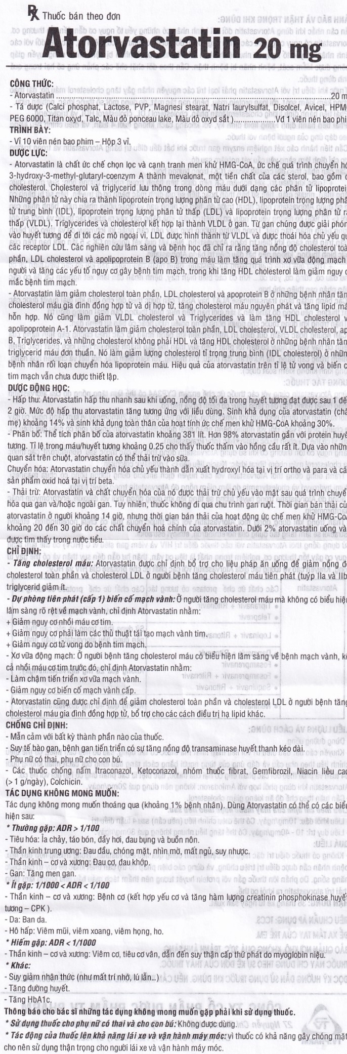 Hình ảnh Thuốc Atorvastatin 20mg TV.Pharm điều trị tăng cholesterol máu, dự phòng tiên phát biến cố mạch vành (3 vỉ x 10 viên)