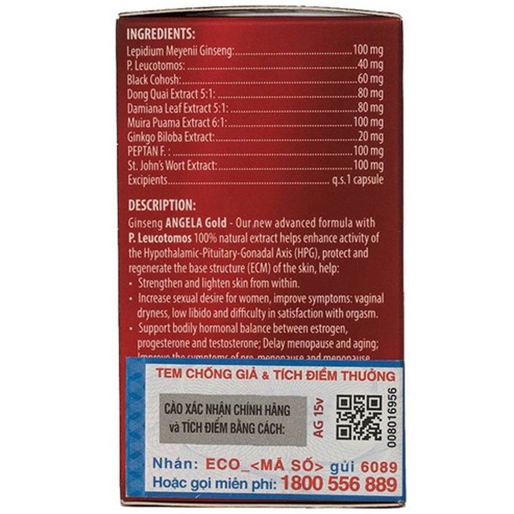 Hình ảnh Viên uống sâm Angela Gold Ecogreen hỗ trợ làn da căng sáng, tăng cường sinh lý nữ (15 viên)