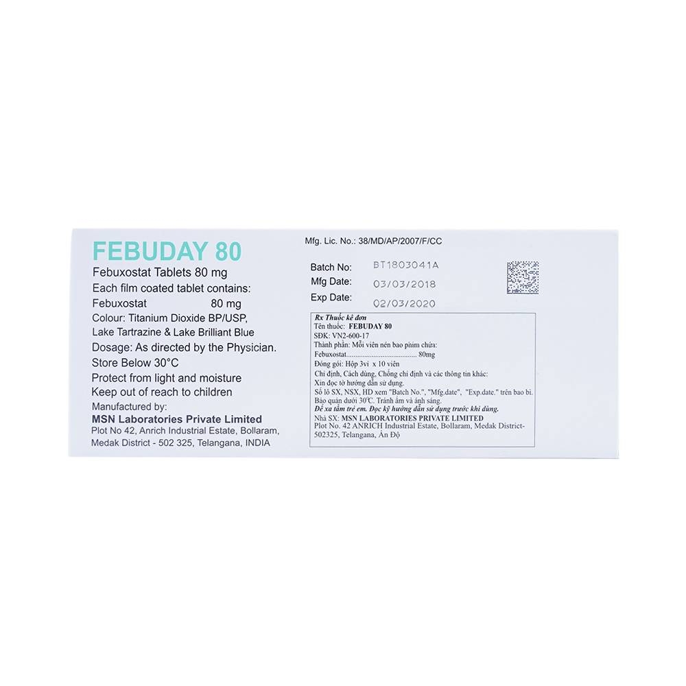Hình ảnh Thuốc Febuday 80 MSN điều trị tăng acid uric huyết (3 vỉ x 10 viên)