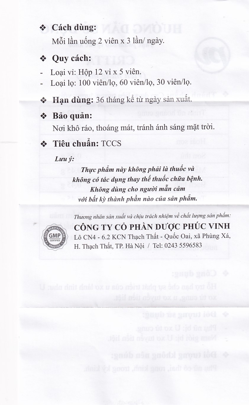 Hình ảnh Viên uống Critta Trinh Nữ Hoàng Cung Phúc Vinh hỗ trợ hạn chế sự phát triển của u xơ lành tính (60 viên)