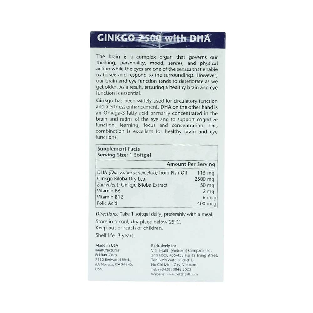 Hình ảnh Viên uống Ginkgo 2500 With DHA VitaHealth hỗ trợ chức năng não bộ, tăng cường khả năng ghi nhớ (60 viên)