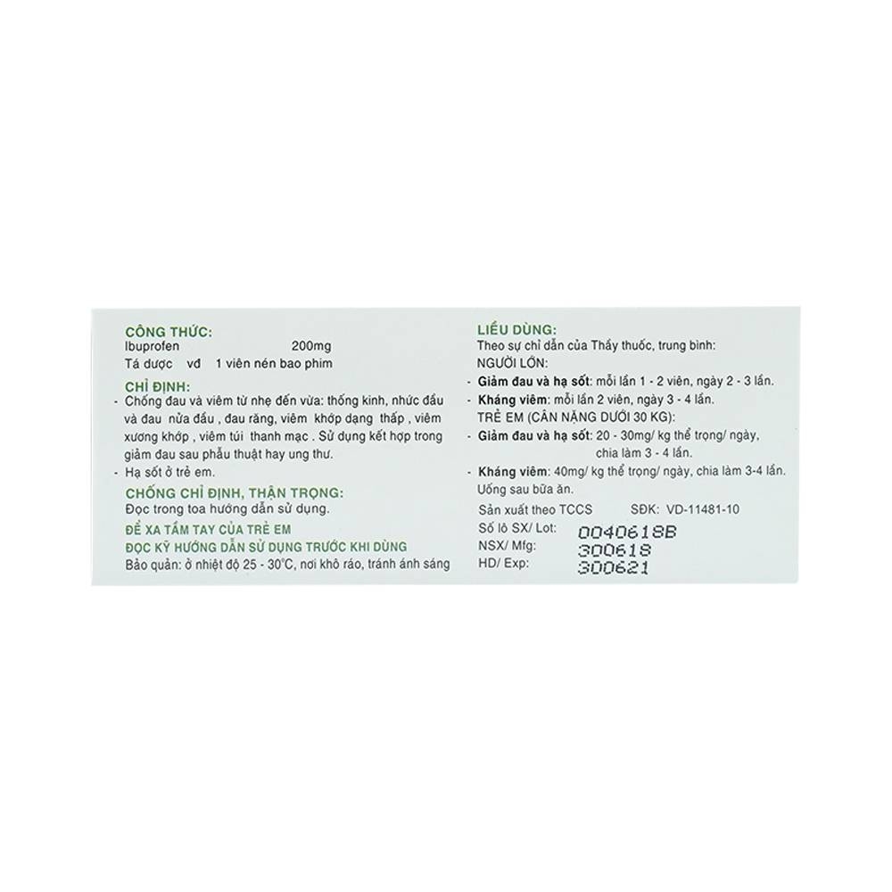 Hình ảnh Thuốc Ibuprofen 200 Nadyphar giảm đau, kháng viêm thống kinh, nhức đầu, đau răng, viêm khớp (10 vỉ x 10 viên)