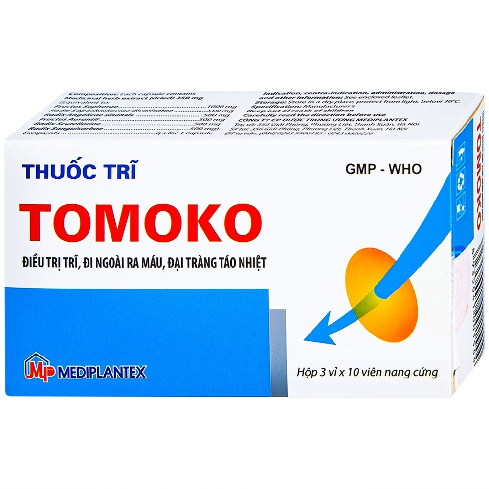 Hình ảnh Thuốc  Tomoko Mediplantex điều trị trĩ, đi ngoài ra máu, đại tràng táo nhiệt (3 vỉ x 10 viên)
