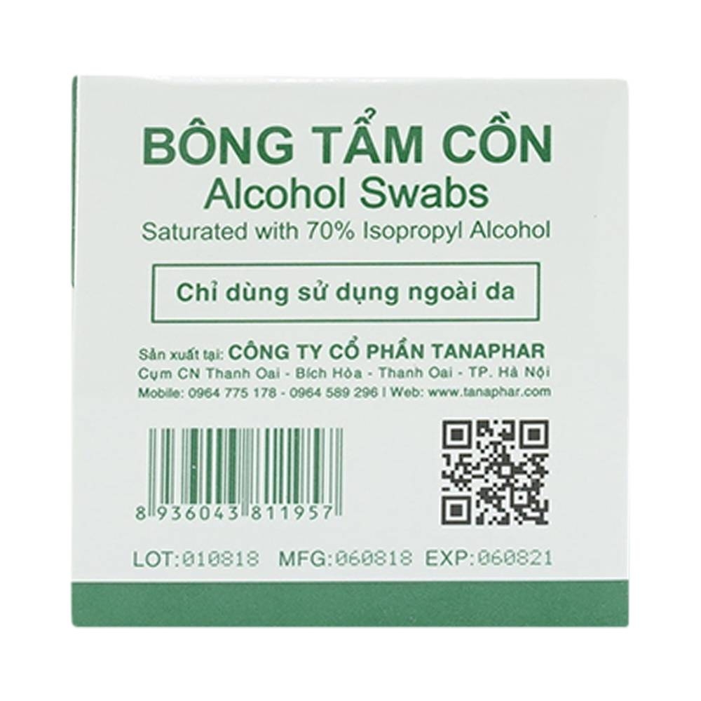 Hình ảnh Bông tẩm cồn Alcohol Swabs Tanaphar làm sạch và khử trùng da trước khi tiêm (100 miếng)