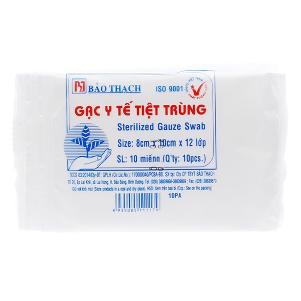 Hình ảnh Gạc y tế 8cm x 10cm x 12 lớp tiệt trùng Bảo Thạch làm sạch các vết thương nhỏ, thấm máu và dịch tiết (10 miếng)