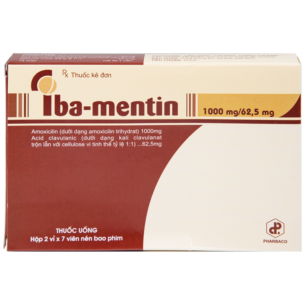 Hình ảnh Thuốc Iba-Mentin 1000mg/62.5mg Pharbaco điều trị viêm Amidan, viêm xoang, viêm phế quản (2 vỉ x 7 viên)