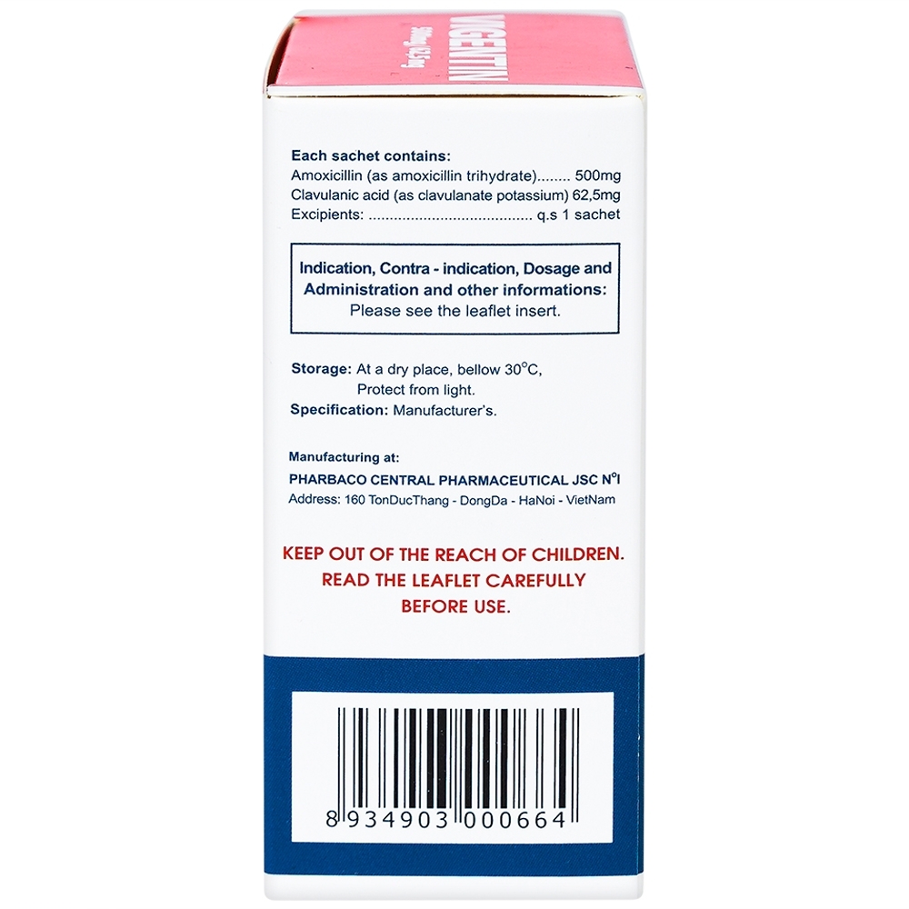 Hình ảnh Thuốc bột pha hỗn dịch uống Vigentin 500mg/62,5mg Pharbaco điều trị các chứng nhiễm khuẩn (12 gói x 2g)