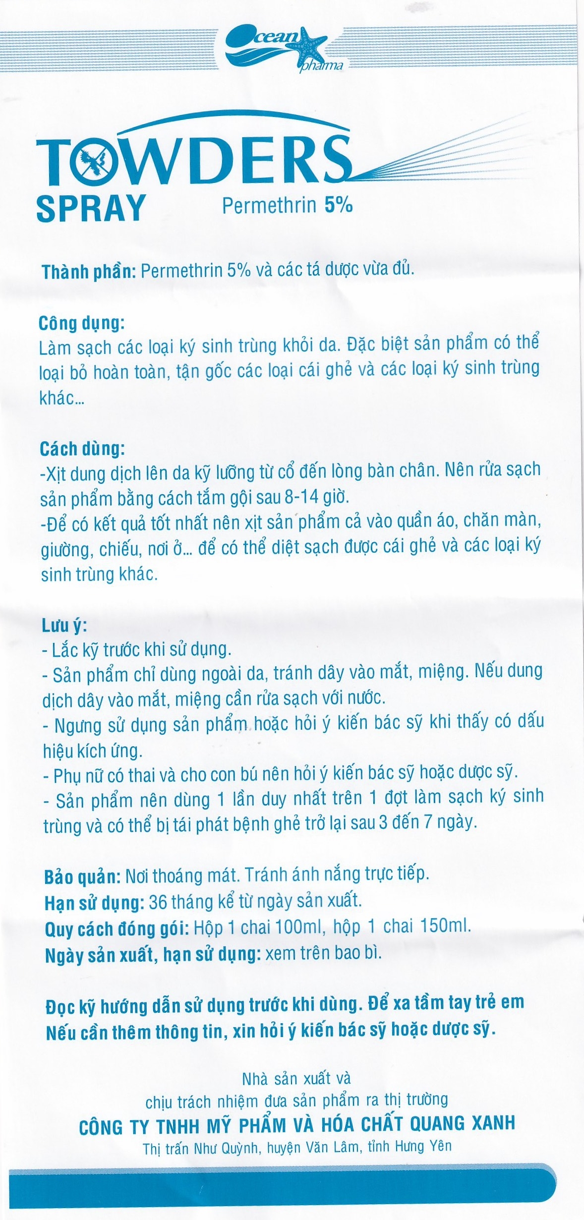 Hình ảnh Xịt dung dịch Towders Spray Ocean Pharma làm sạch các loại ký sinh trùng khỏi da (150ml)