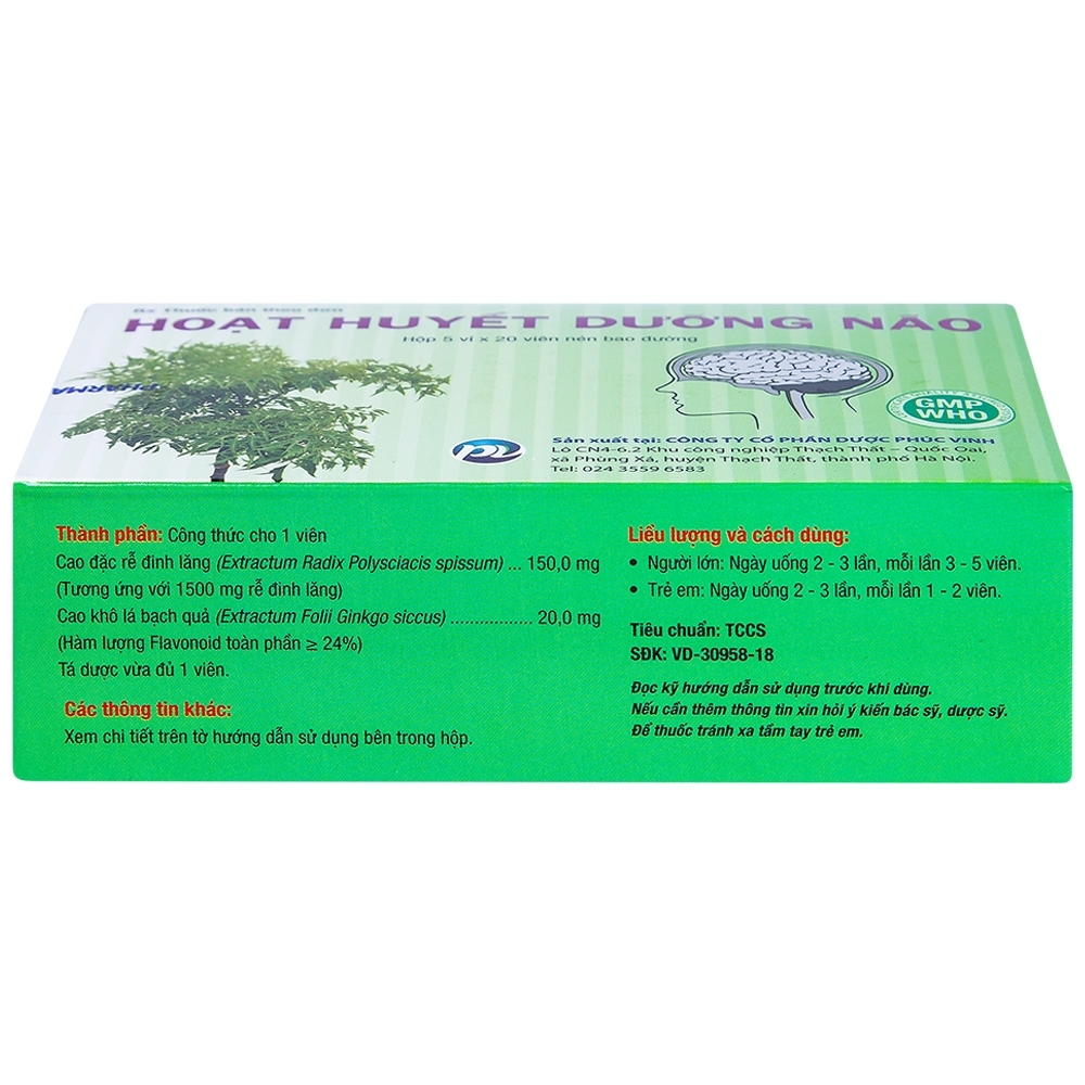 Hình ảnh Thuốc Hoạt Huyết Dưỡng Não Phúc Vinh điều trị suy giảm trí nhớ, thiểu năng tuần hoàn não (5 vỉ x 20 viên)