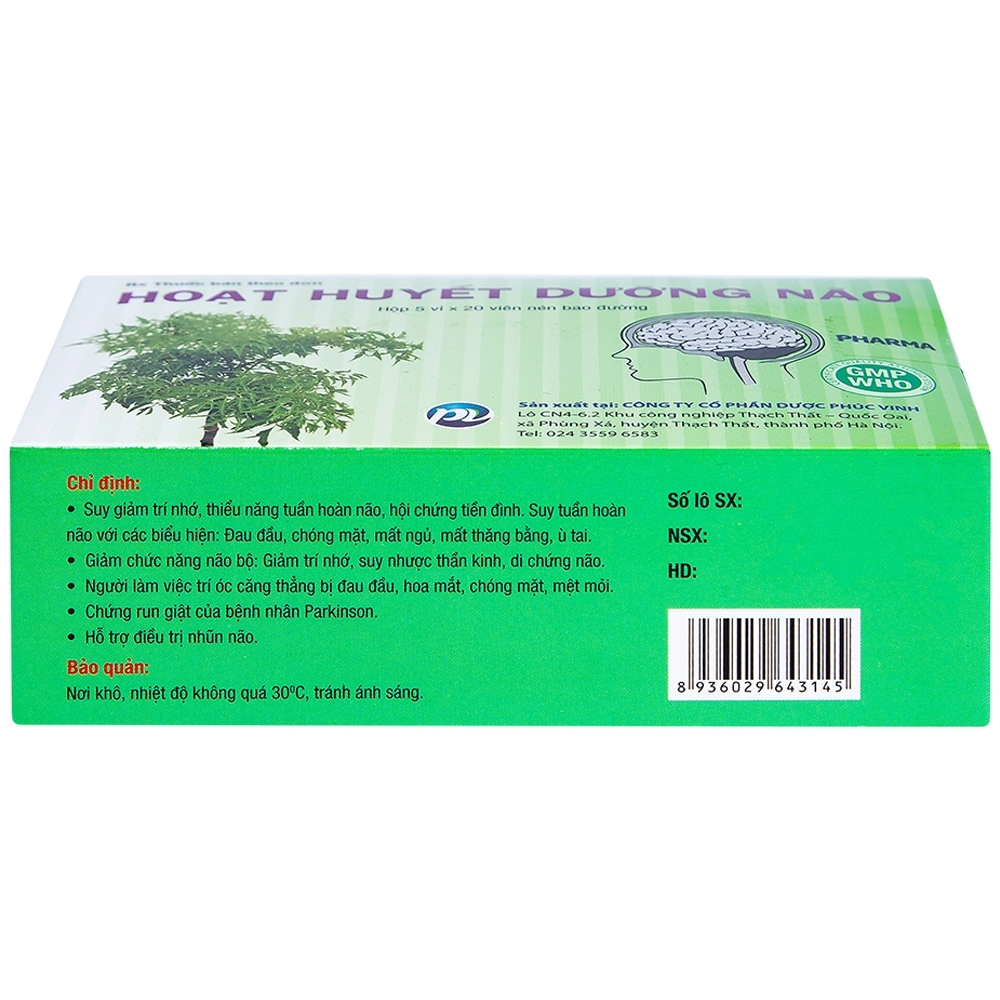 Hình ảnh Thuốc Hoạt Huyết Dưỡng Não Phúc Vinh điều trị suy giảm trí nhớ, thiểu năng tuần hoàn não (5 vỉ x 20 viên)