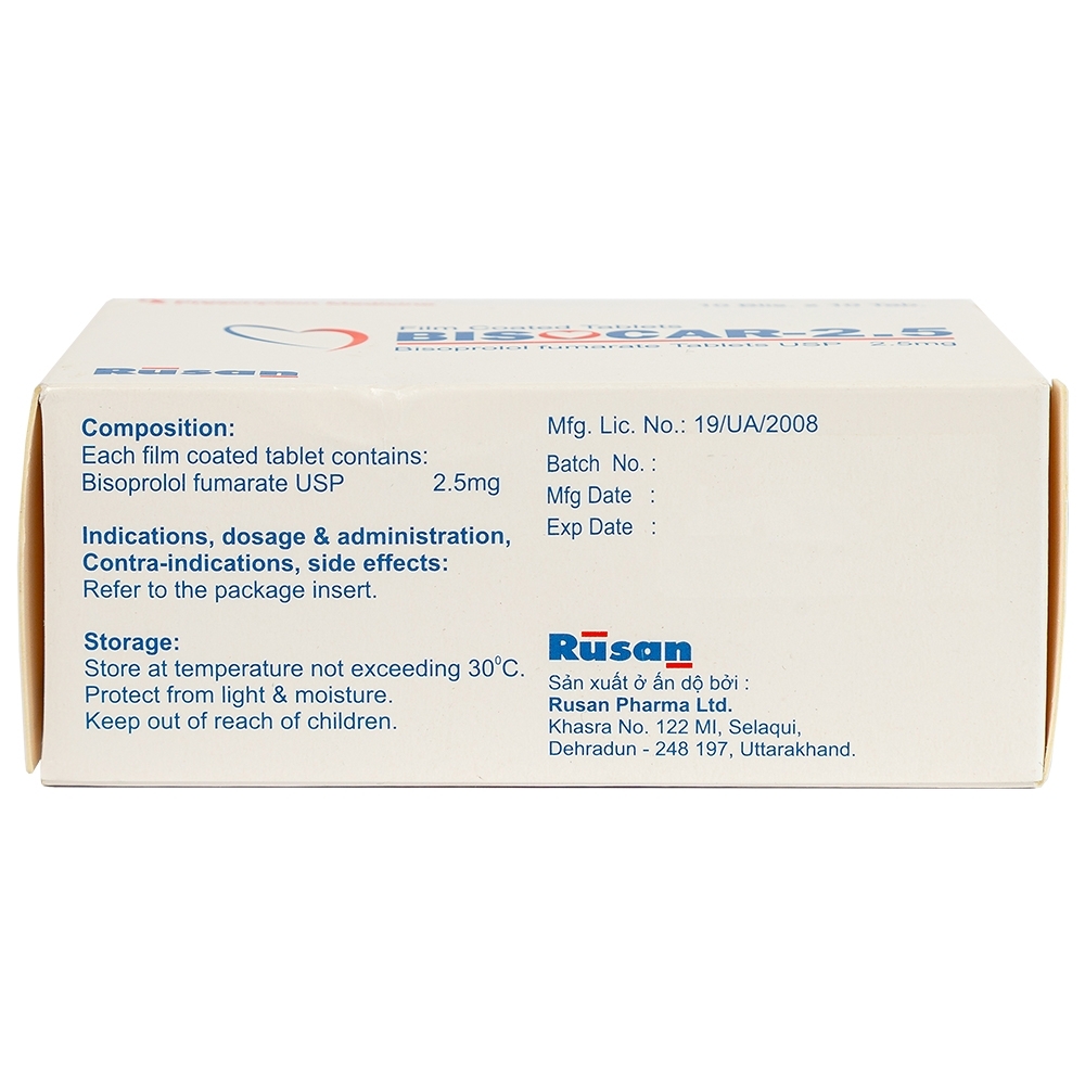 Hình ảnh Thuốc Bisocar 2.5mg Rusan Pharma điều trị tăng huyết áp (10 vỉ x 10 viên)