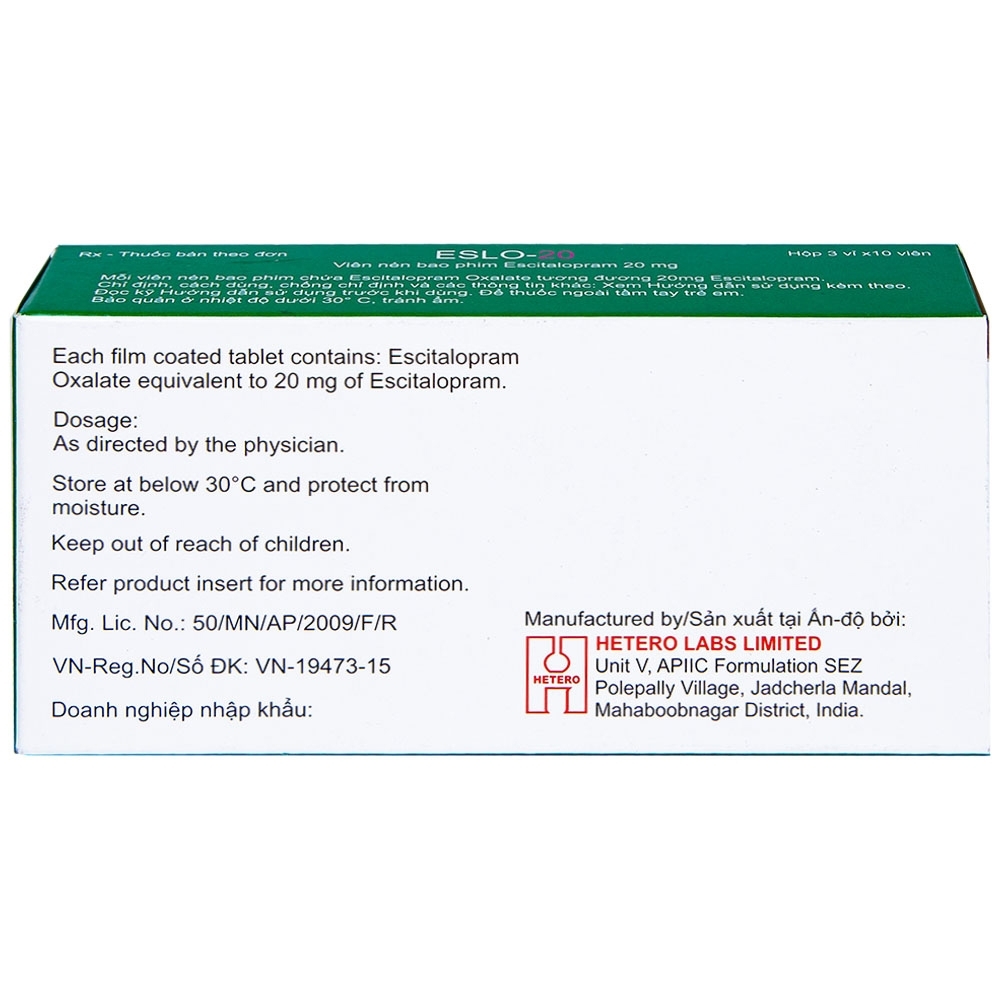 Hình ảnh Thuốc Eslo-20 Hetero điều trị trầm cảm, rối loạn lo âu (3 vỉ x 10 viên)
