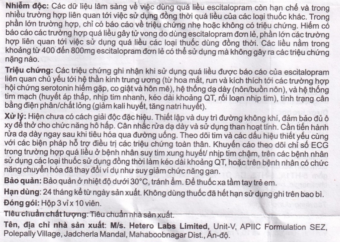 Hình ảnh Thuốc Eslo-20 Hetero điều trị trầm cảm, rối loạn lo âu (3 vỉ x 10 viên)