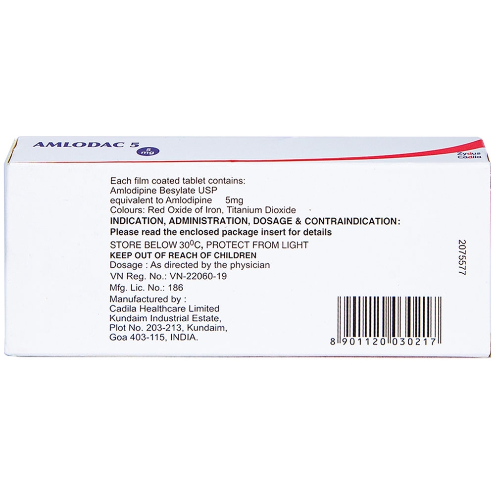 Hình ảnh Thuốc Amlodac 5 Cadila điều trị tăng huyết áp, đau thắt ngực (1 vỉ x 10 viên)