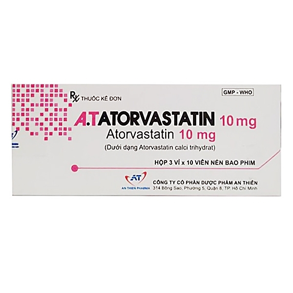 Hình ảnh Thuốc A.T Atorvastatin 10mg An Thiên điều trị tăng cholesterol toàn phần, LDL – cholesterol (3 vỉ x 10 viên)