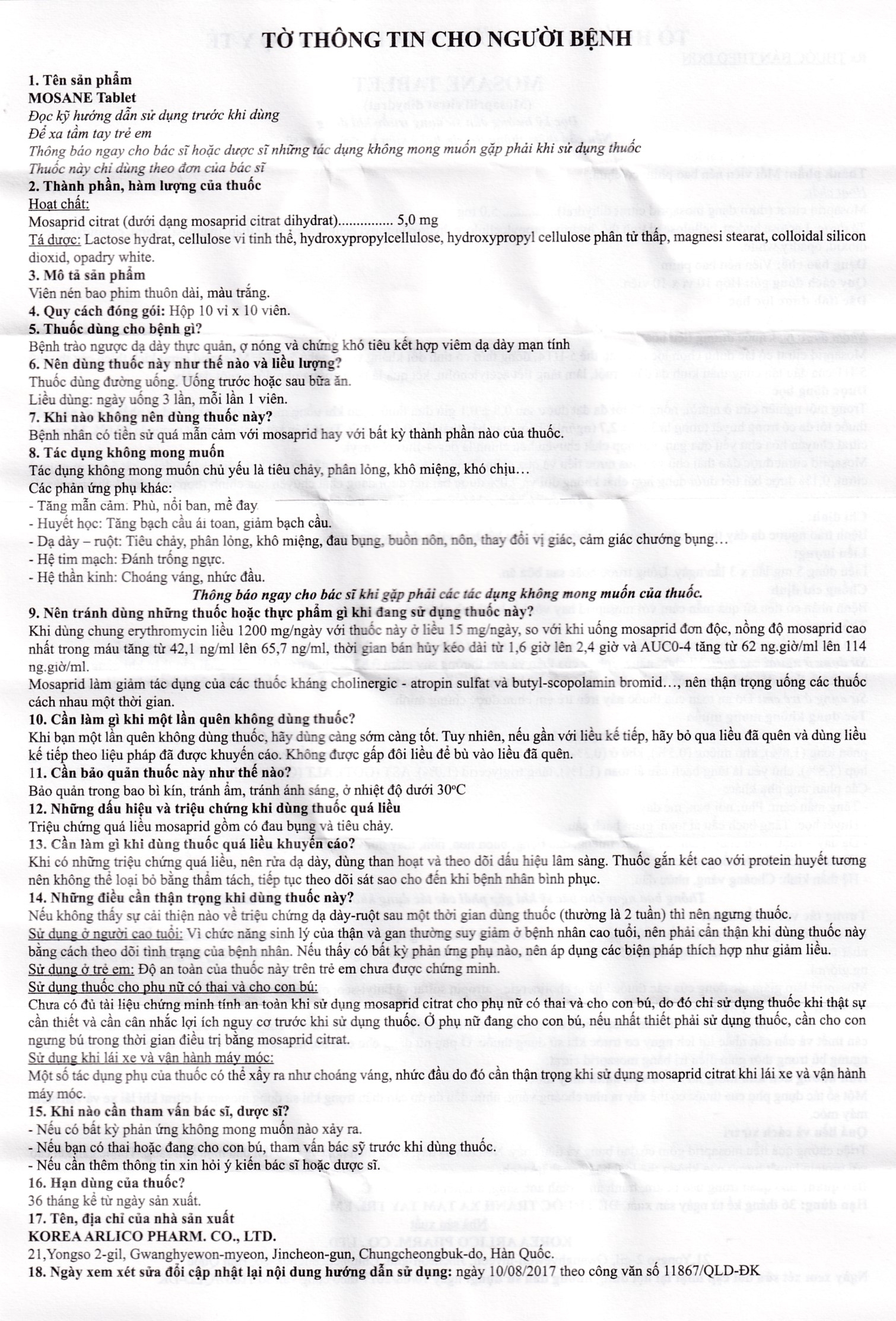 Hình ảnh Viên nén Mosane Tablet 5mg Arlico điều trị bệnh trào ngược dạ dày - thực quản, ợ nóng (10 vỉ x 10 viên) 