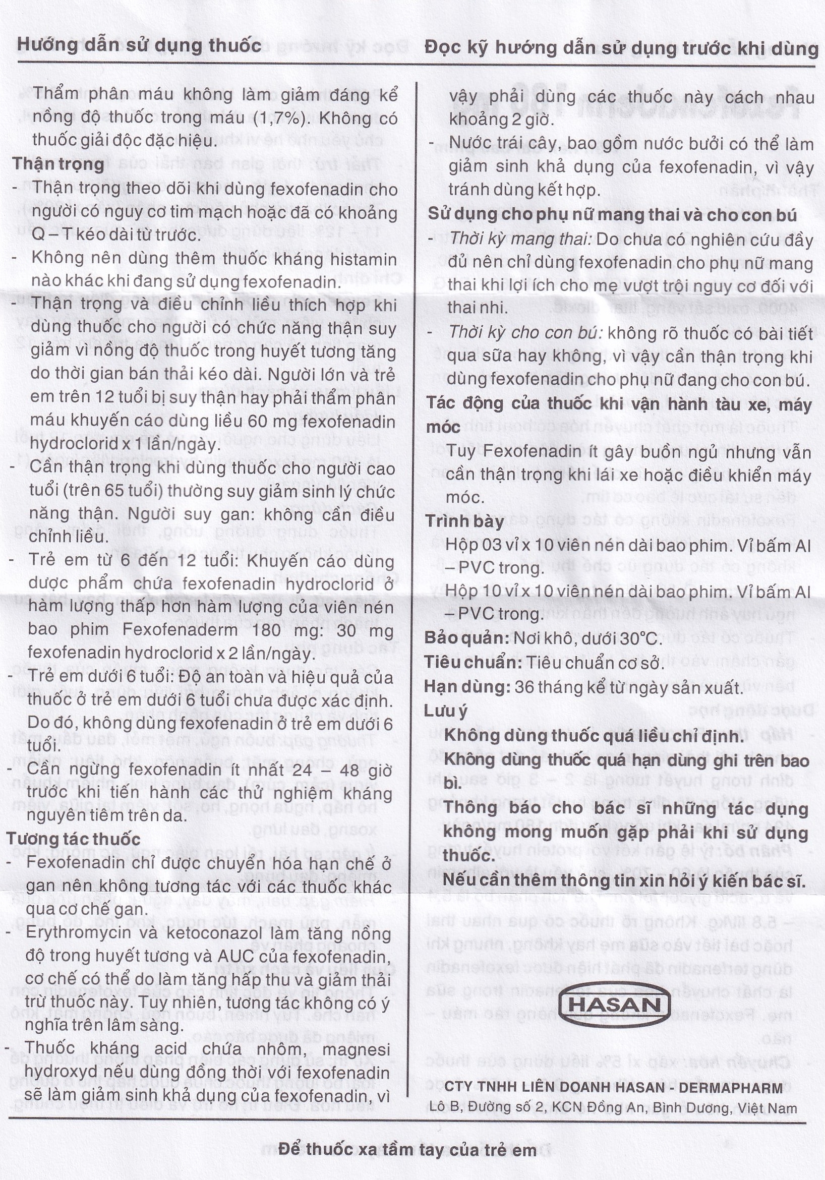 Hình ảnh Thuốc Fexofenaderm 180mg Hasan điều trị viêm mũi dị ứng theo mùa, mày đay mạn tính vô căn (10 vỉ x 10 viên)
