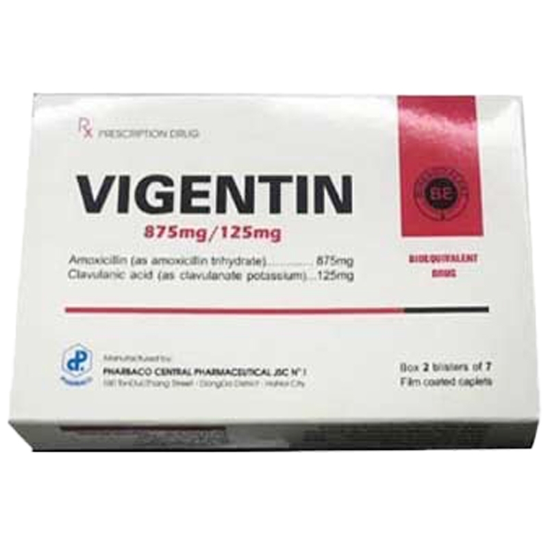 Hình ảnh Thuốc Vigentin 875mg/125mg Pharbaco điều trị các chứng nhiễm khuẩn (2 vỉ x 7 viên)