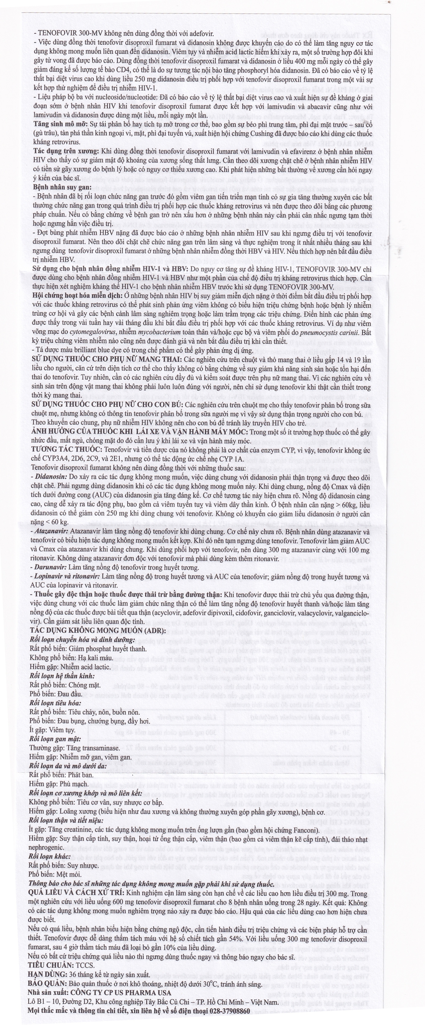 Hình ảnh Thuốc Tenofovir 300-MV US Pharma điều trị nhiễm HIV-1, dự phòng sau phơi nhiễm HIV (3 vỉ x 10 viên)